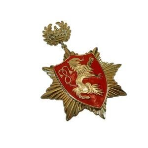 Vintage Heraldic Lion Crest Brooch Red Enamel Crown Starburst Coat of Arms Pin